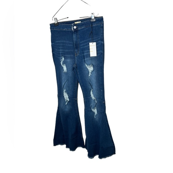 Home Folk Dallas Distressed Women’s Dark Wash Blues Flare Jeans - Picture 4 of 12